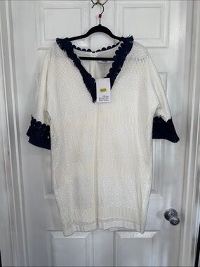 Badgley Mischka Ivory Crochet Dress with Navy Scallop Trim